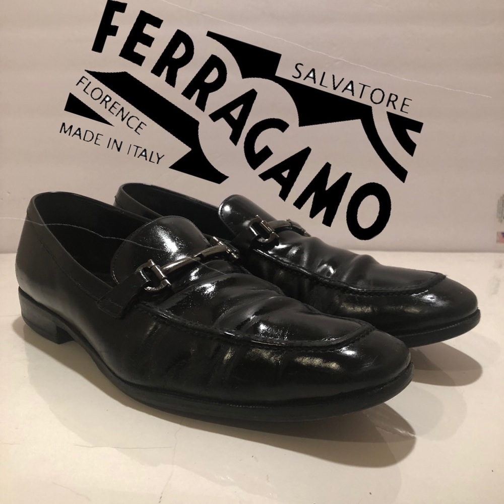 Ferragamo Black Buckle Slip-on Loafer Shoes 10